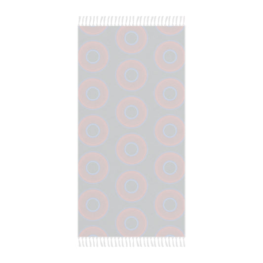 Oversized Lumpy Beach Towel - vivid red donuts w/dark Fenway green background