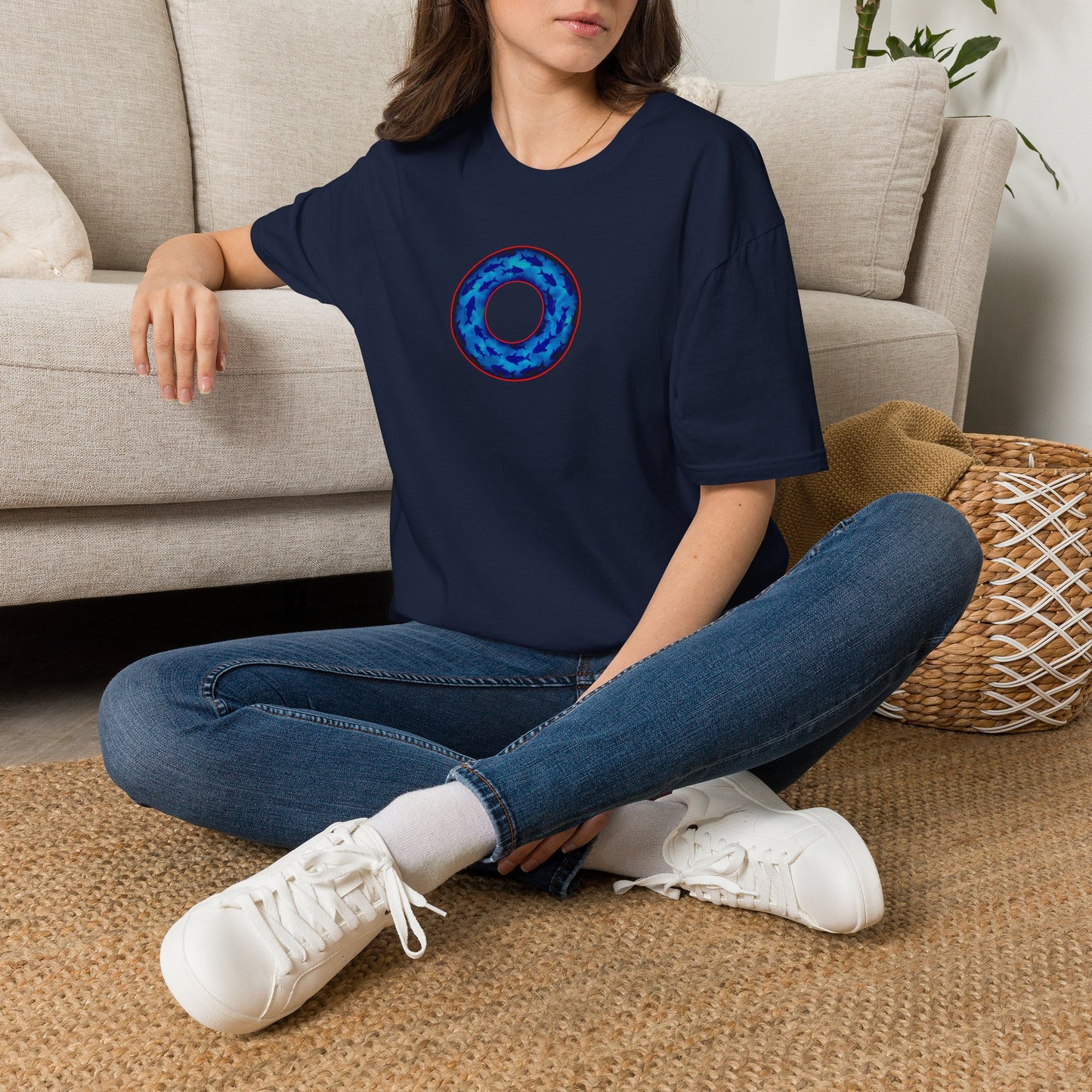 Classic Donut Tee - Unisex Soft-Style - "Skoolie of Phishies" - vivid sea donut - w/darker blue water - variant 2