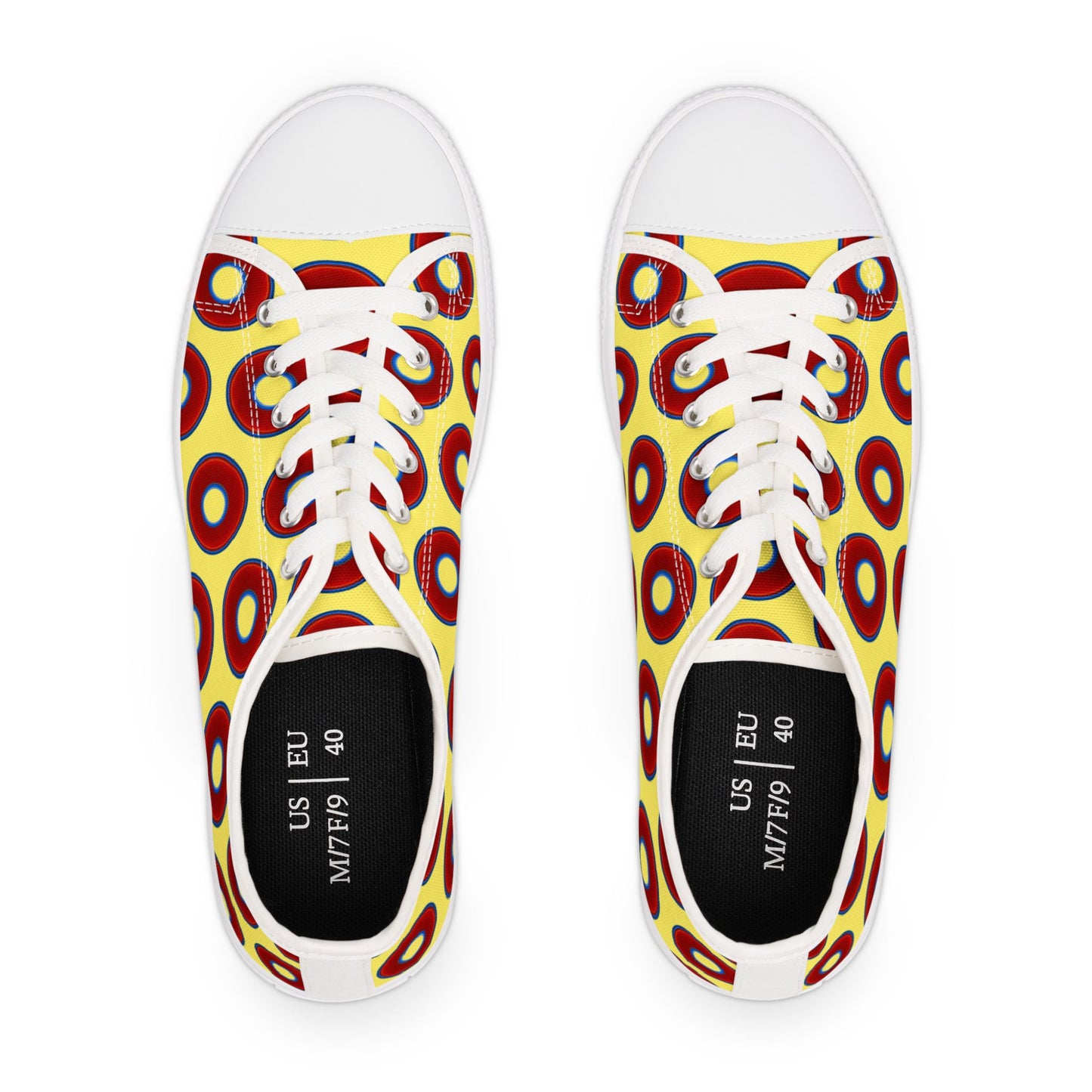 Women's - Low Top Chuck Taylors - large vivid red donut print w/yellow background
