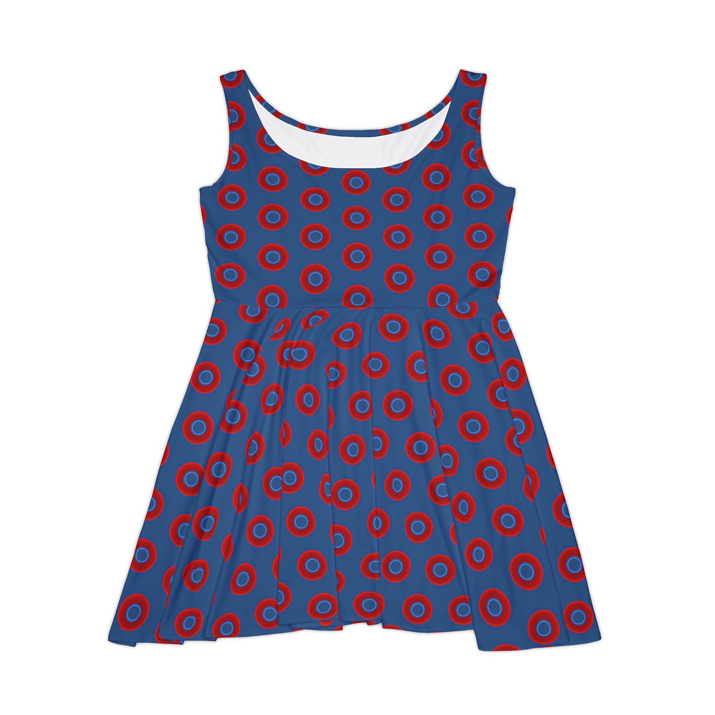 Women's Skater Donut Dress - vivid red donut print w/light navy blue background