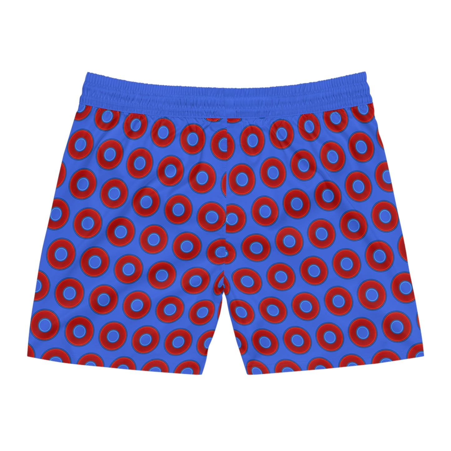 Men's Lumpy Swim Trunks - vivid red donut print w/royal blue background