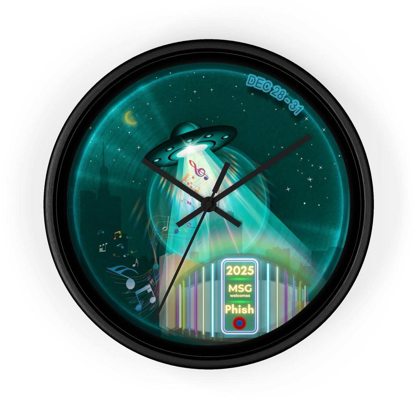 Lumpy Wall Clock - "Secret Ingredient? MSG of course" - vivid dark teal donut w/black background