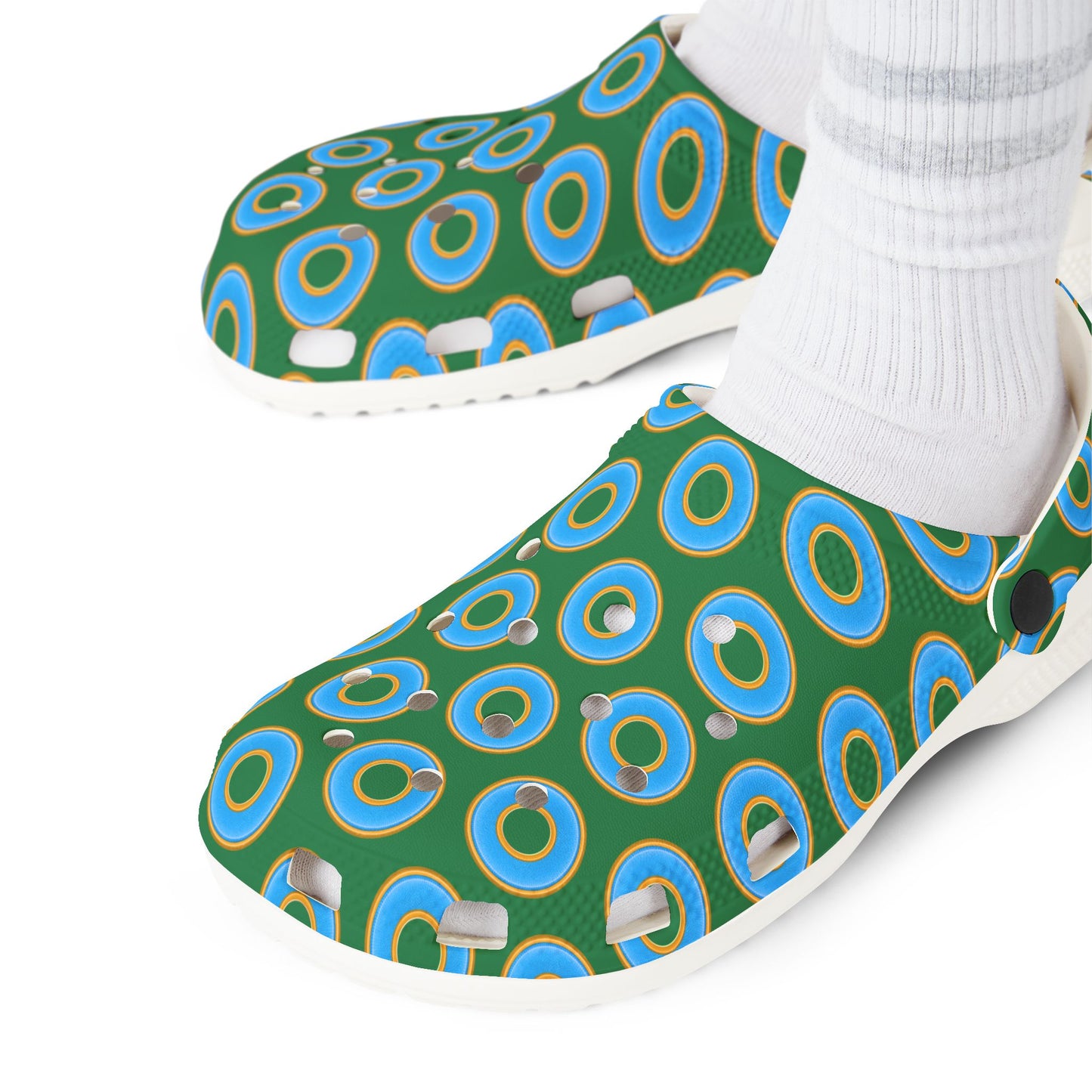 Spatchcocks - donut slip-on shoes - light blue rustic donuts w/green background [unisex]