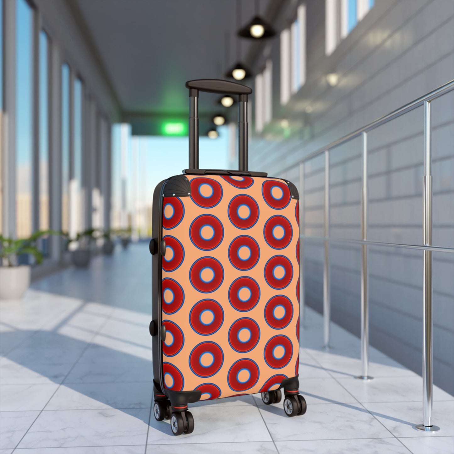 The Very Lumpy Donut Suitcase series - your choice of S, M or L - vivid red donut print w/peach background