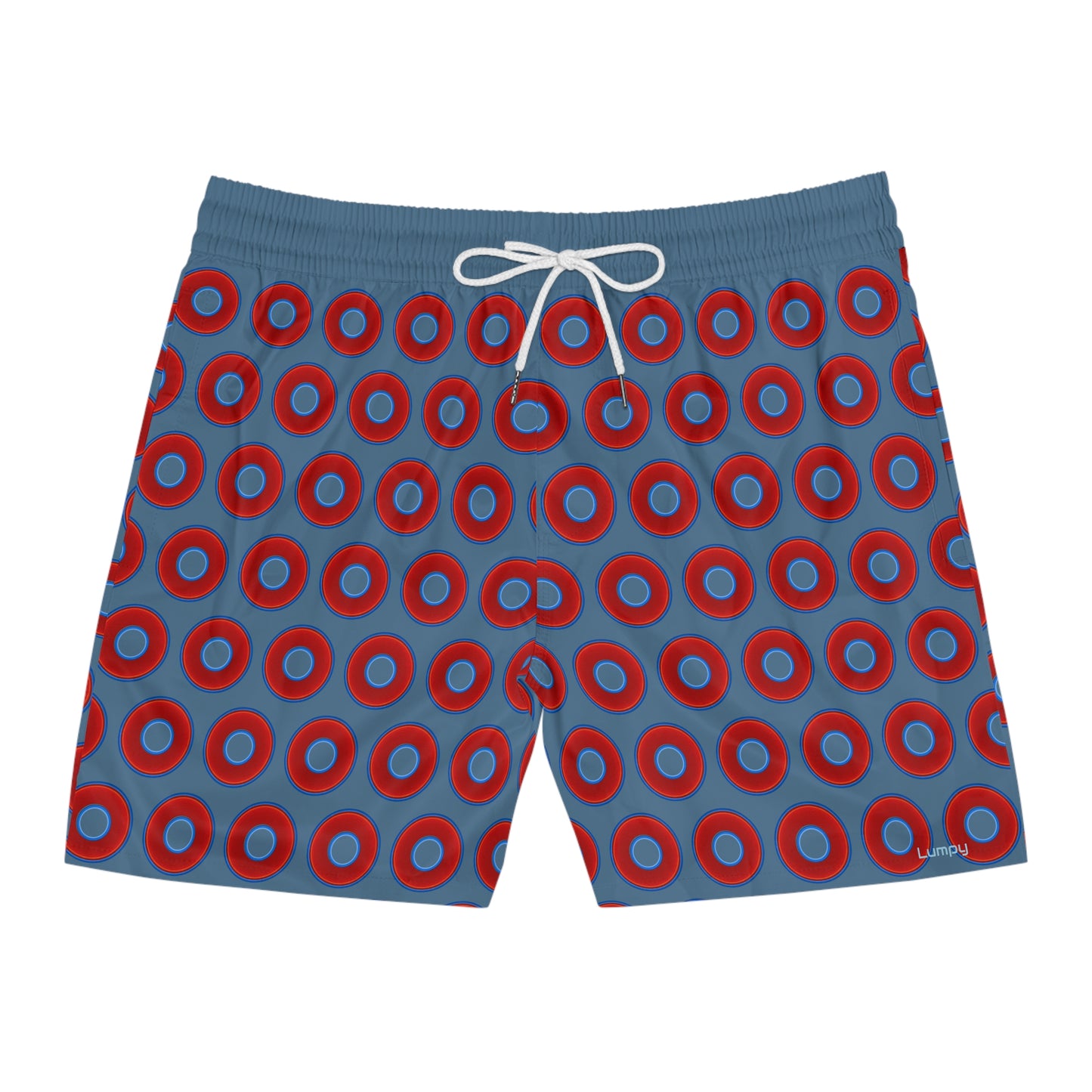 Men's Lumpy Swim Trunks - vivid red donut print w/steel blue background
