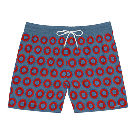 Men's Lumpy Swim Trunks - vivid red donut print w/steel blue background