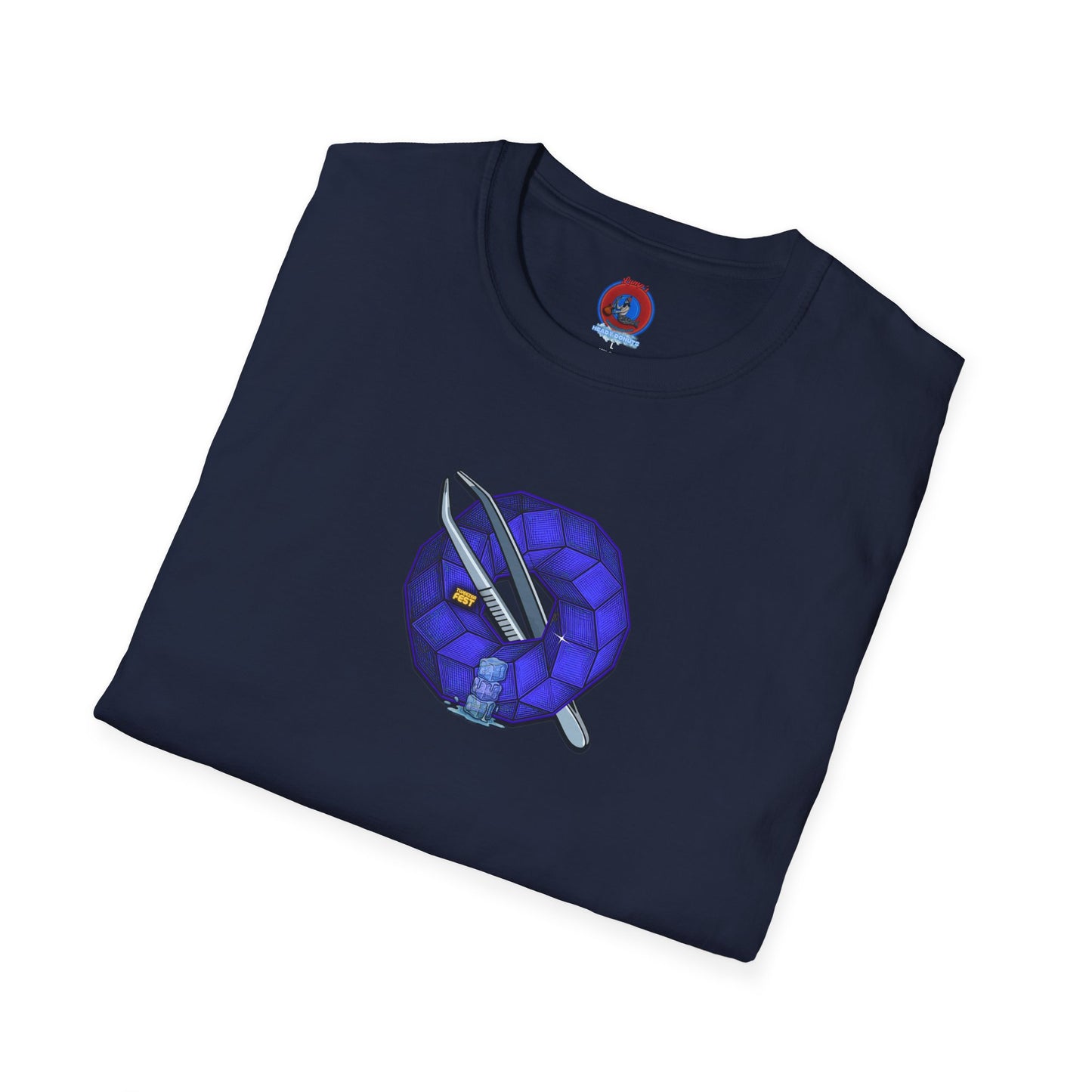 Classic Donut Tee - Unisex Soft-Style - "The Teasing Festivus Donut" - blue rustic cubed donut