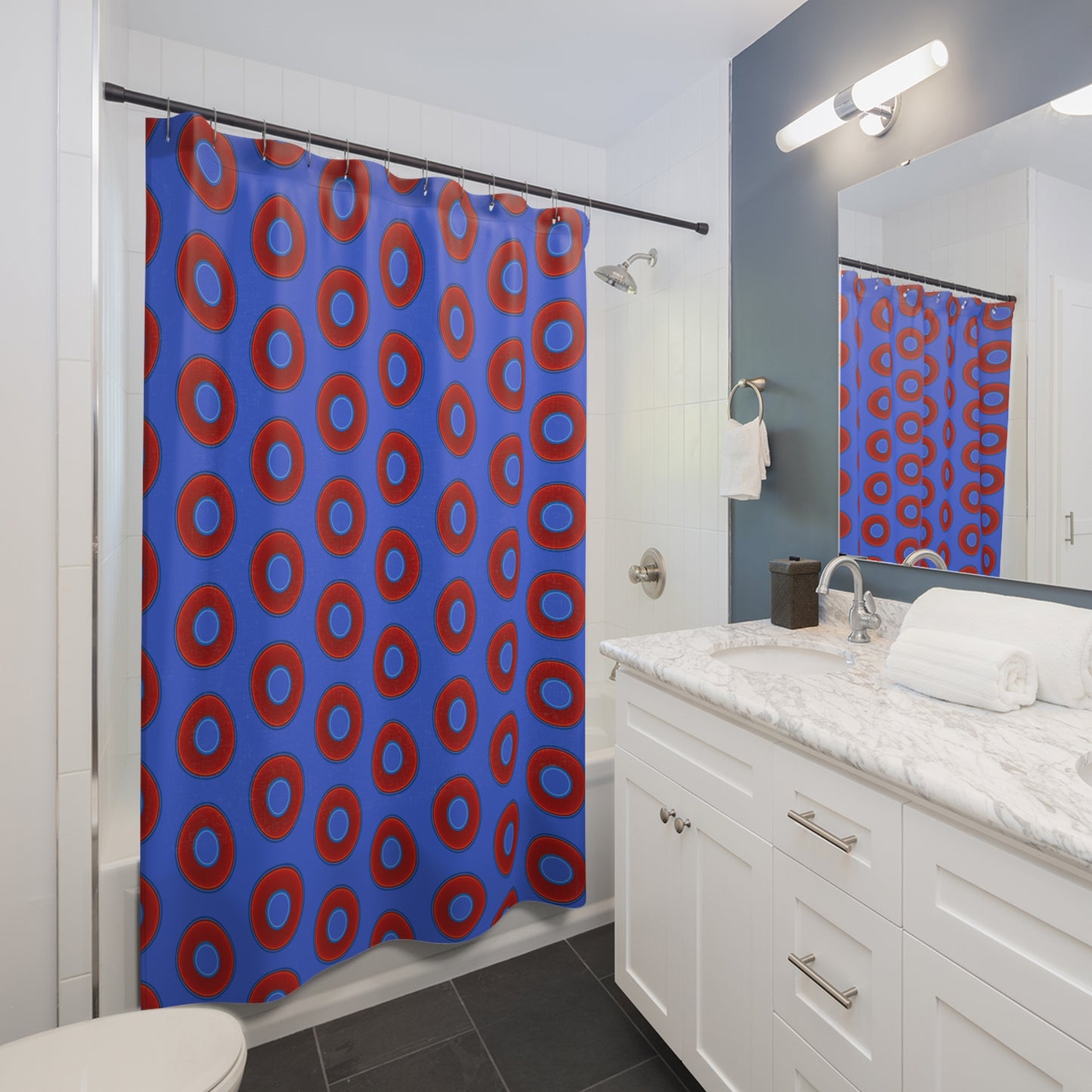The Curtain With "Donuts" - Lumpy Bath Time Fun - vivid red donuts w/royal blue background