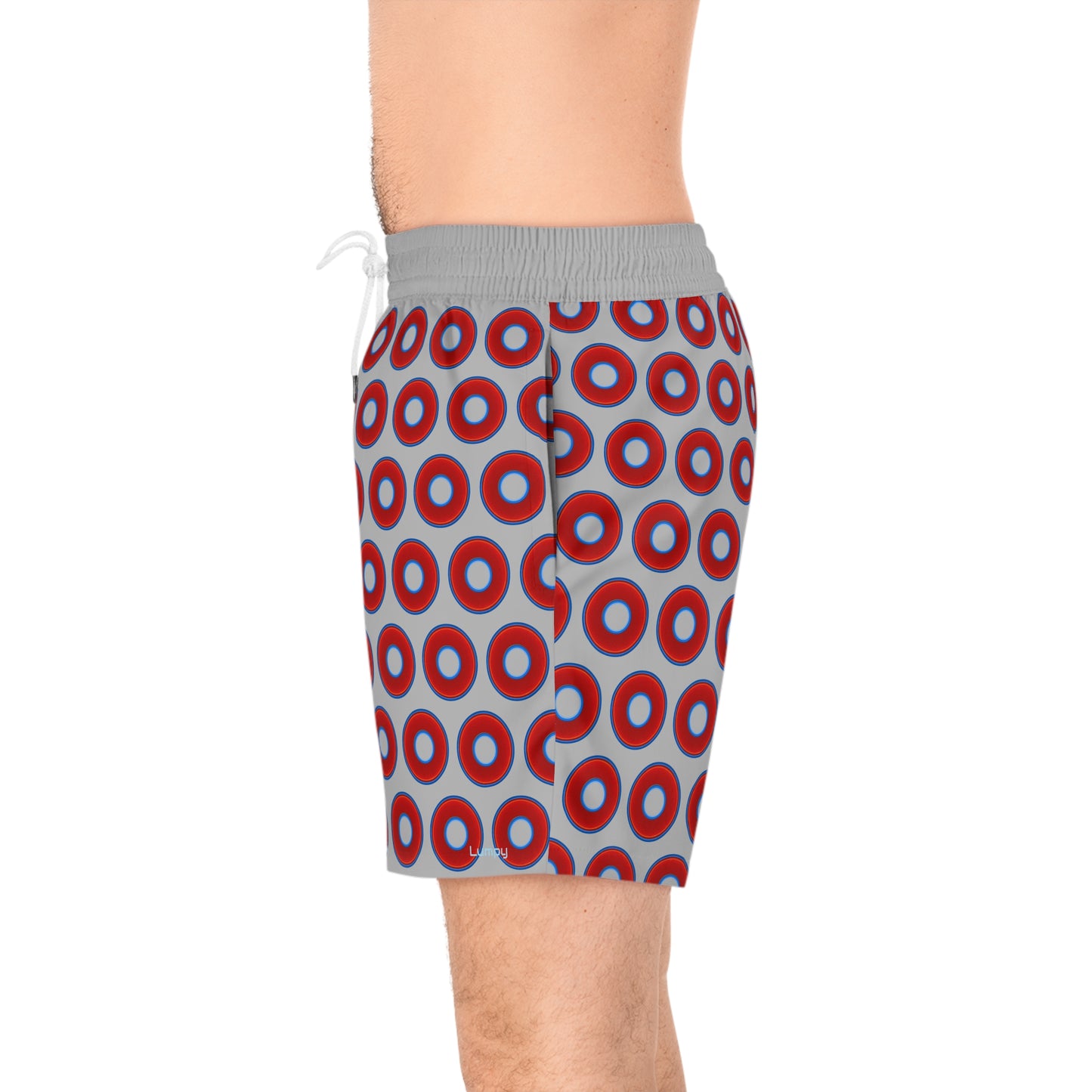 Men's Lumpy Swim Trunks - vivid red donut print w/light gray background