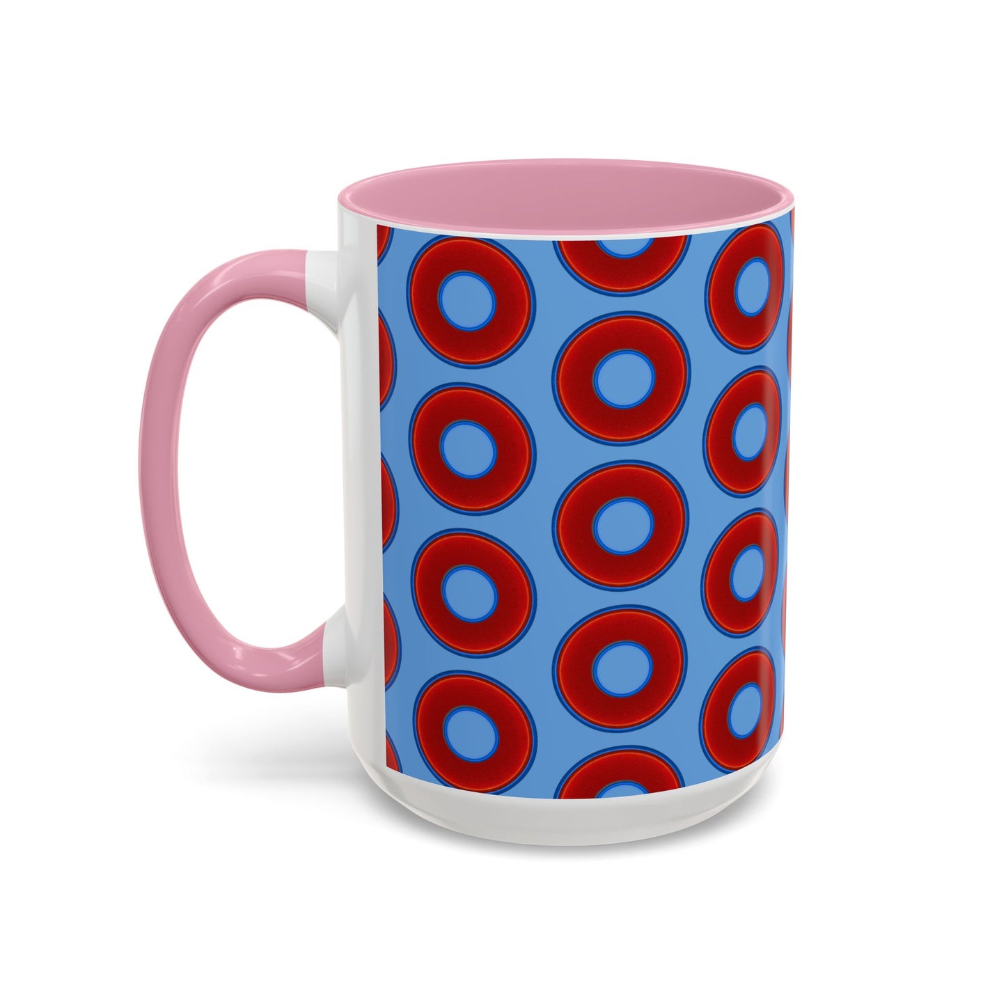 Lump's Grumpy Coffee Mug - vivid red donuts w/light blue background