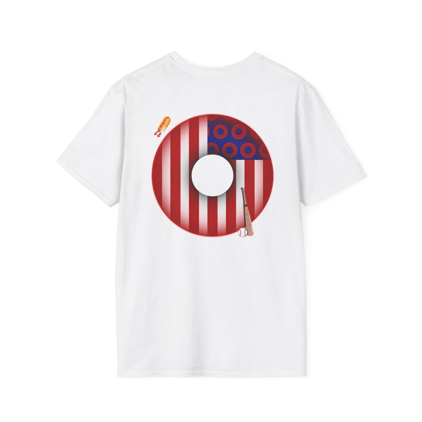 Classic Donut Tee - Unisex Soft-Style - "Uncle Sam's Donuts & Stripes" - vivid flag donut w/raw dogger