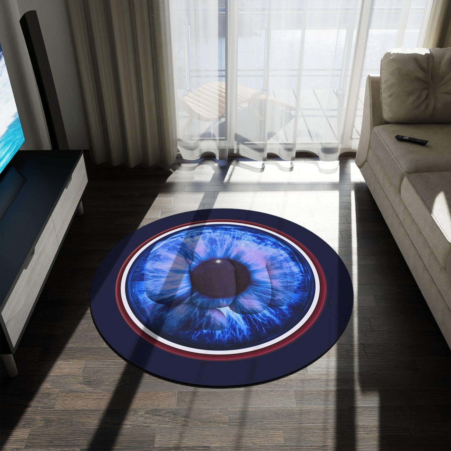 Round Room - 5 ft x 5 ft Lumpy Donut Rug - "Wilson's Eyesore of a Donut Rug" - blue/red idonut w/dark navy background - variant 1