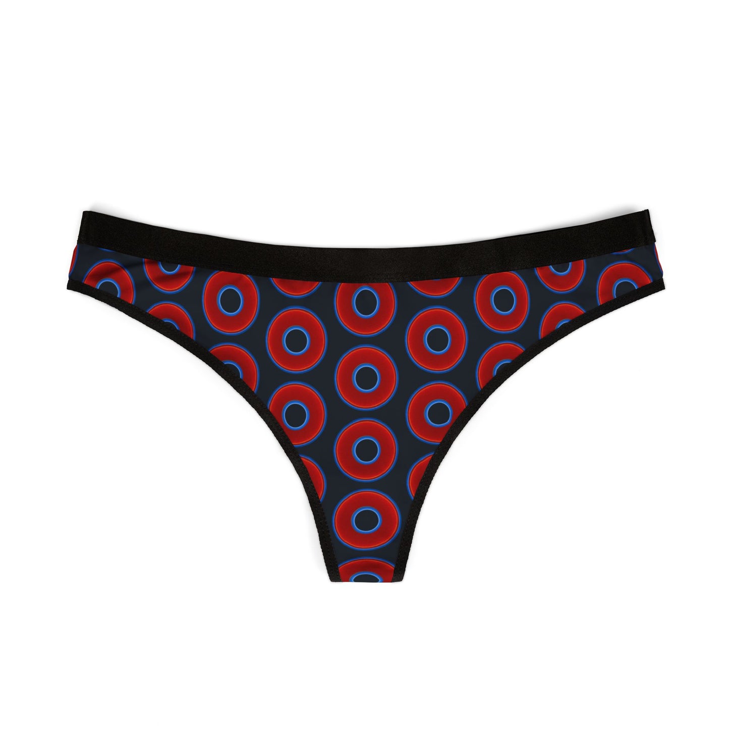 Lumpy Donut Thongs - red vivid donut print w/blue charcoal background