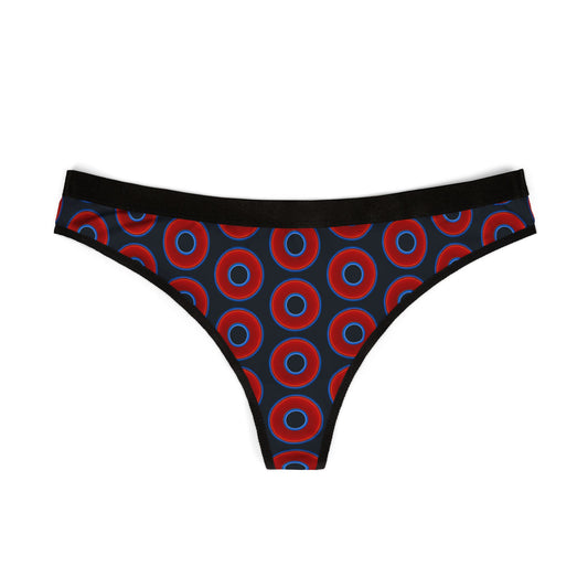 Lumpy Donut Thongs - red vivid donut print w/blue charcoal background
