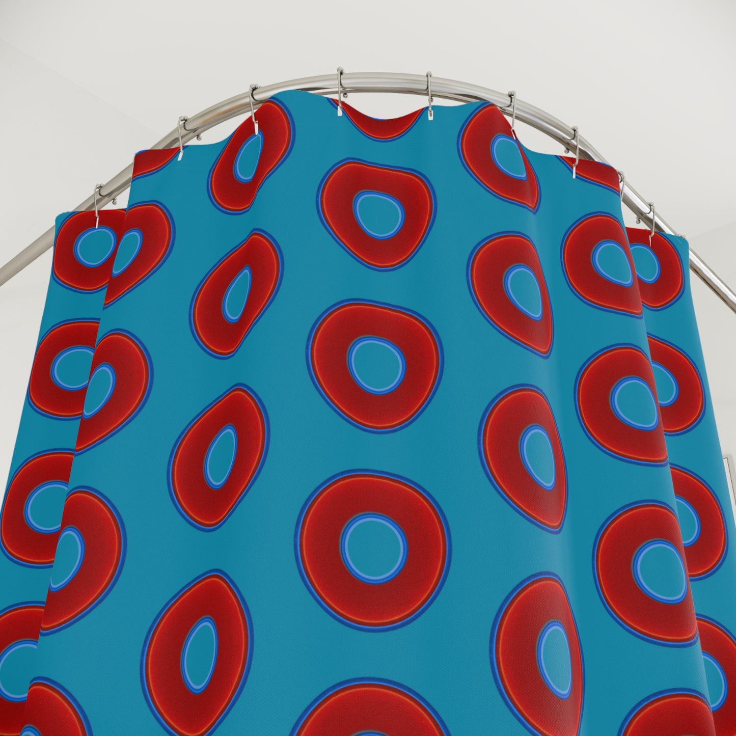 The Curtain With "Donuts" - Lumpy Bath Time Fun - vivid red donuts w/aquamarine background