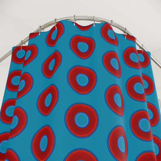 The Curtain With "Donuts" - Lumpy Bath Time Fun - vivid red donuts w/aquamarine background