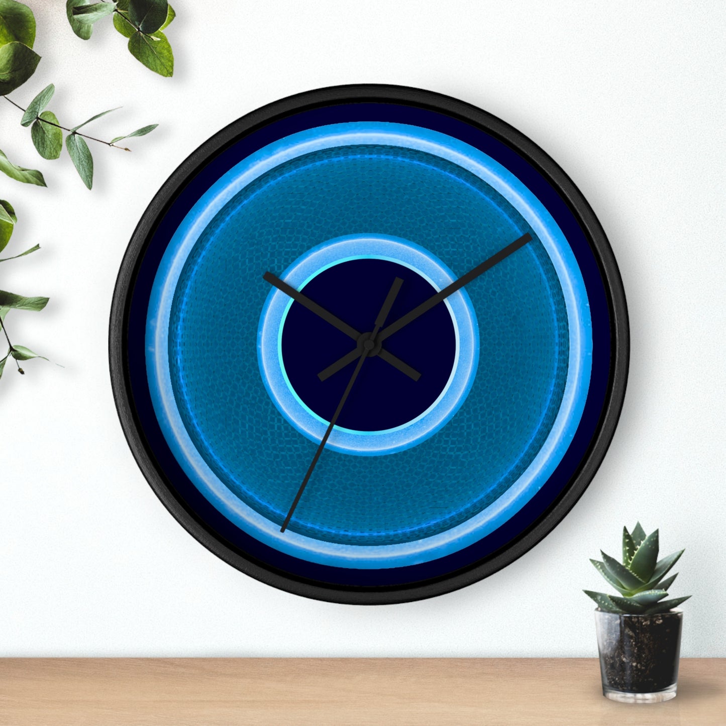 Lumpy Wall Clock - blue rustic donut w/light blue edging - variant 7 w/midnight blue background