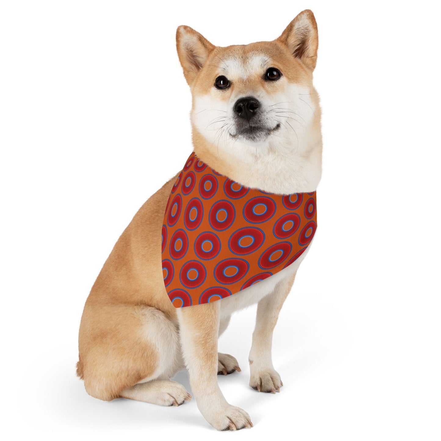 Jim's Lumpy Bandana Pet Collar - vivid red donuts w/dark orange backgound