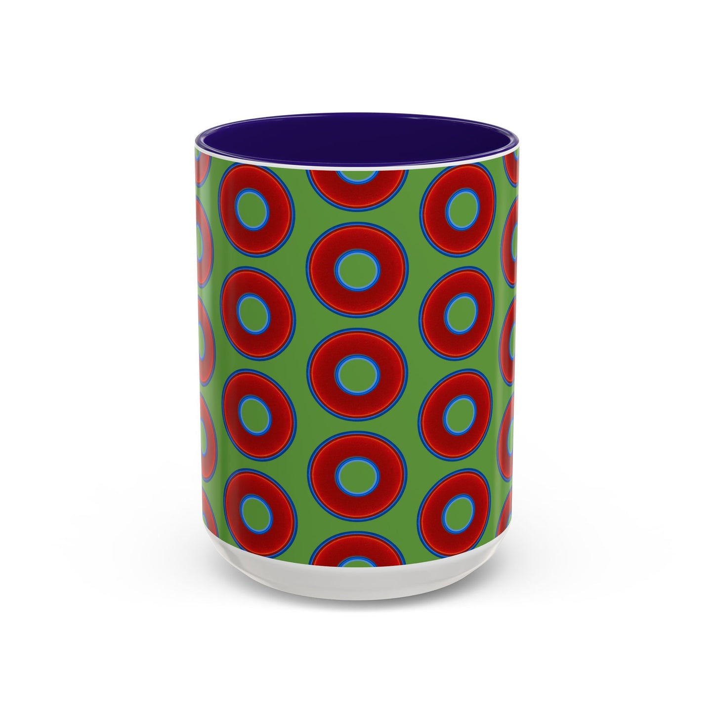 Lump's Grumpy Coffee Mug - vivid red donuts w/light green background