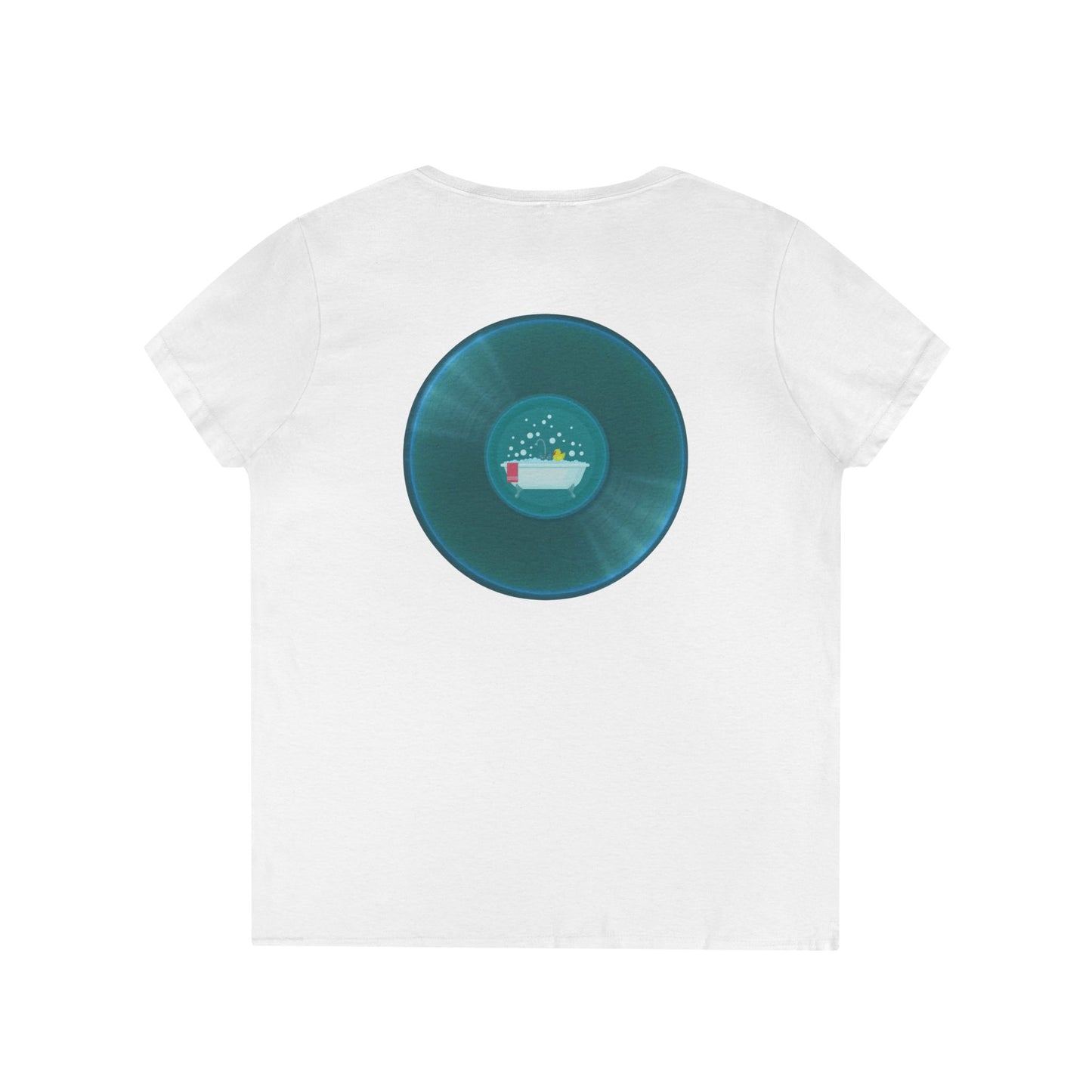 Women's Donut V-Neck Tee - "Bathtub Fun Donut" - vivid aquamarine donuts w/tub
