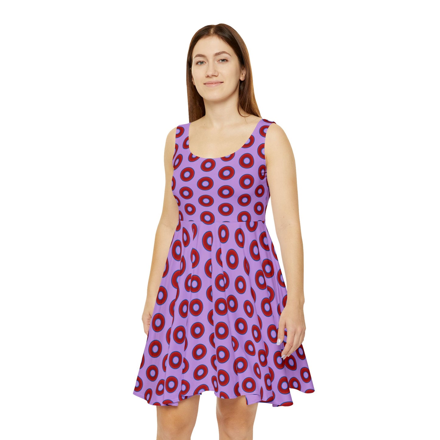 Women's Skater Donut Dress - vivid red donut print w/pale magenta background