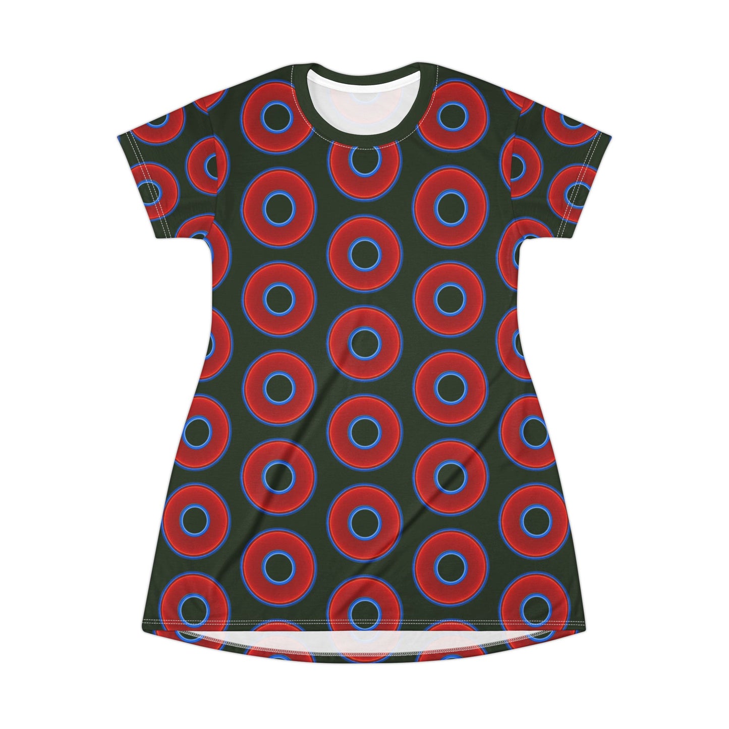 Not a Muumuu AOP Tee Shirt Dress - red vivid donuts w/deep forest green background
