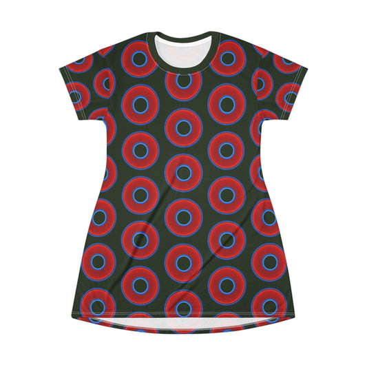 Not a Muumuu AOP Tee Shirt Dress - red vivid donuts w/deep forest green background