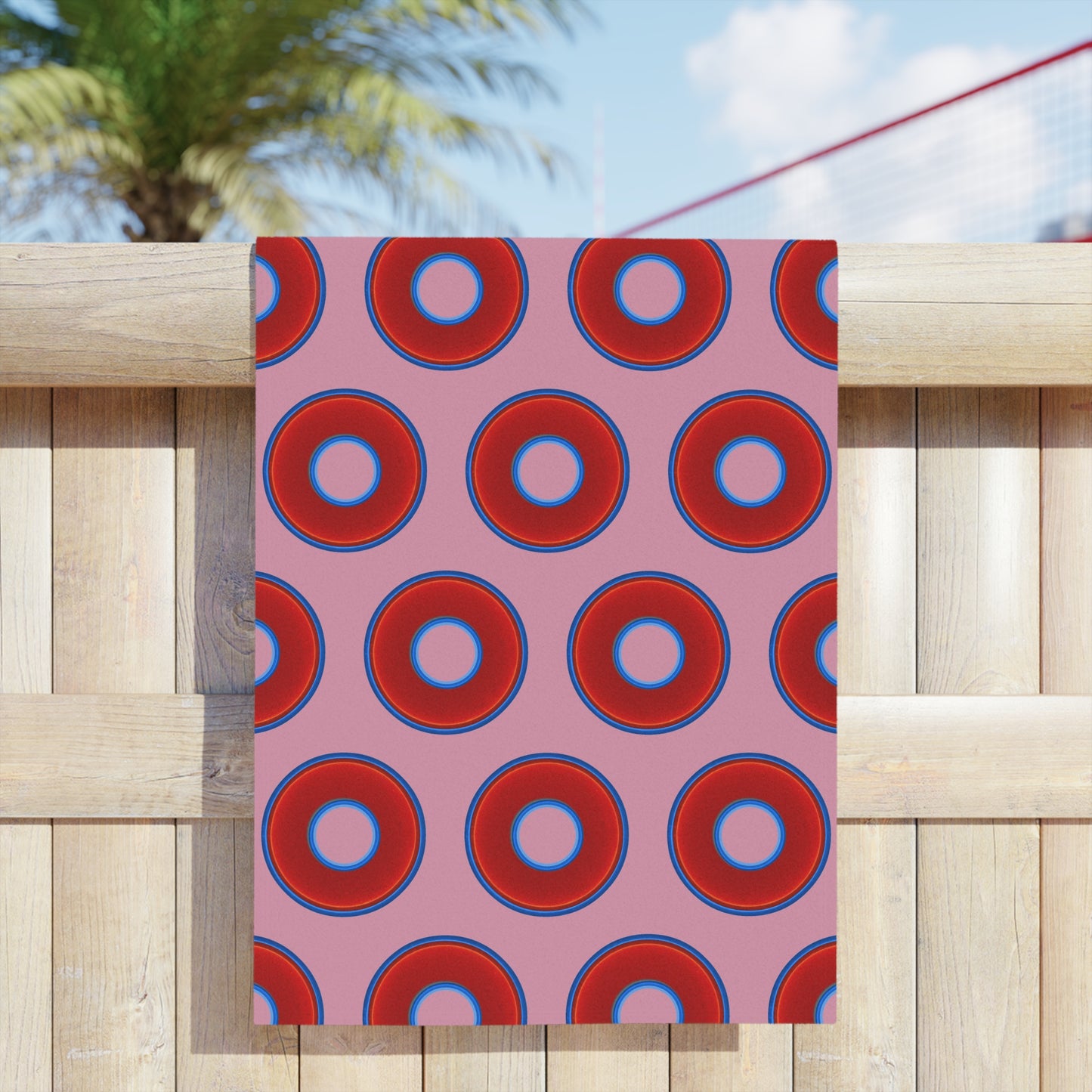 Lumpy Donut Towels - vivid red donuts w/pale magenta background