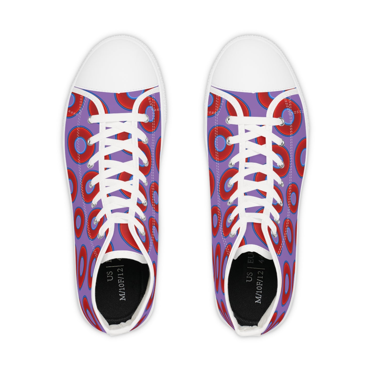 Men's High Top Chucks - large vivid red donut print w/light purple background