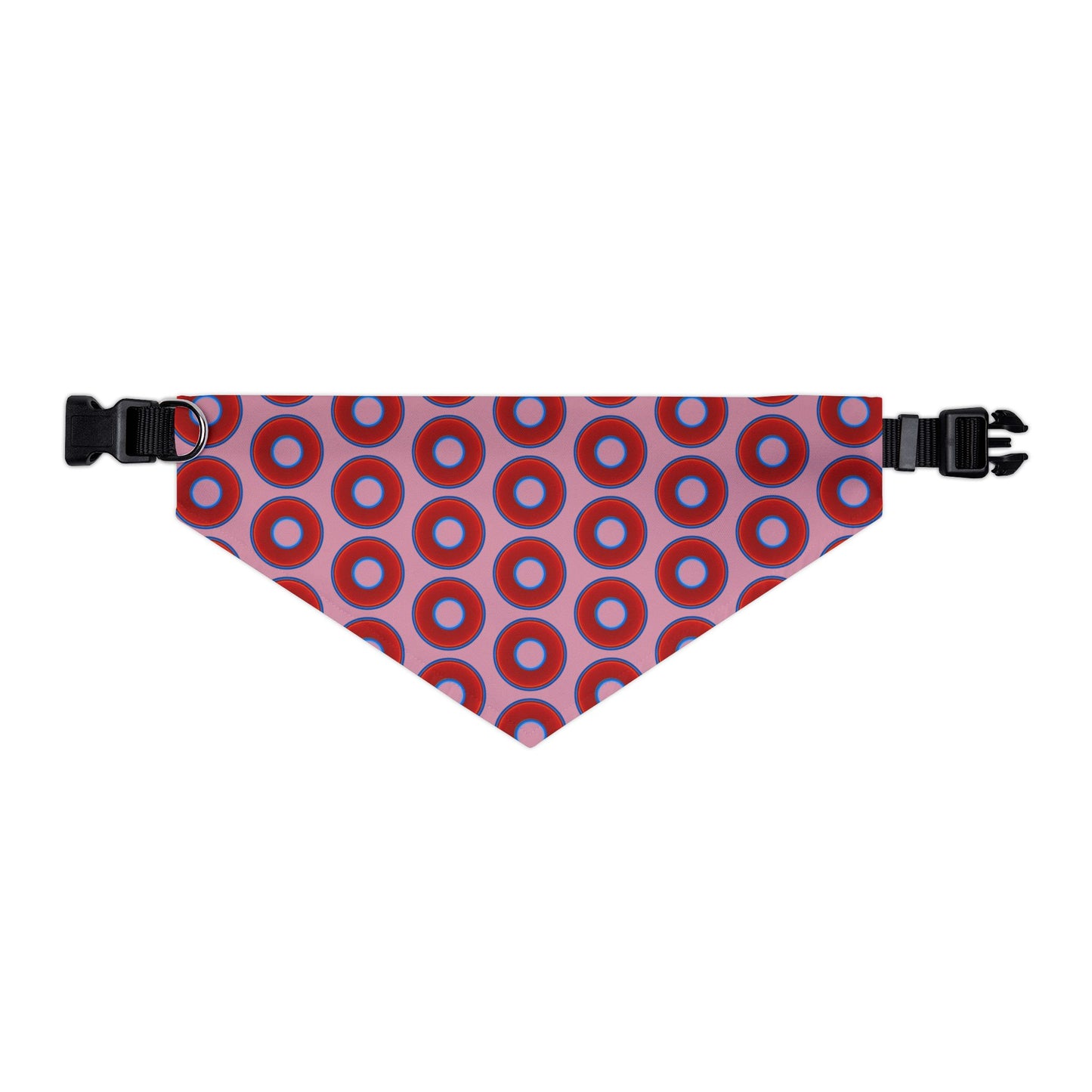 Jim's Lumpy Bandana Pet Collar - vivid red donuts w/pale magenta background