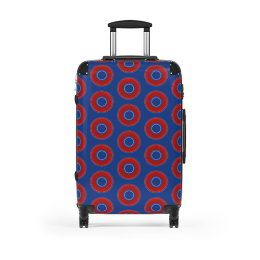 Very Lumpy Donut Suitcase series - your choice of S, M or L - vivid red donut print w/dark blue background