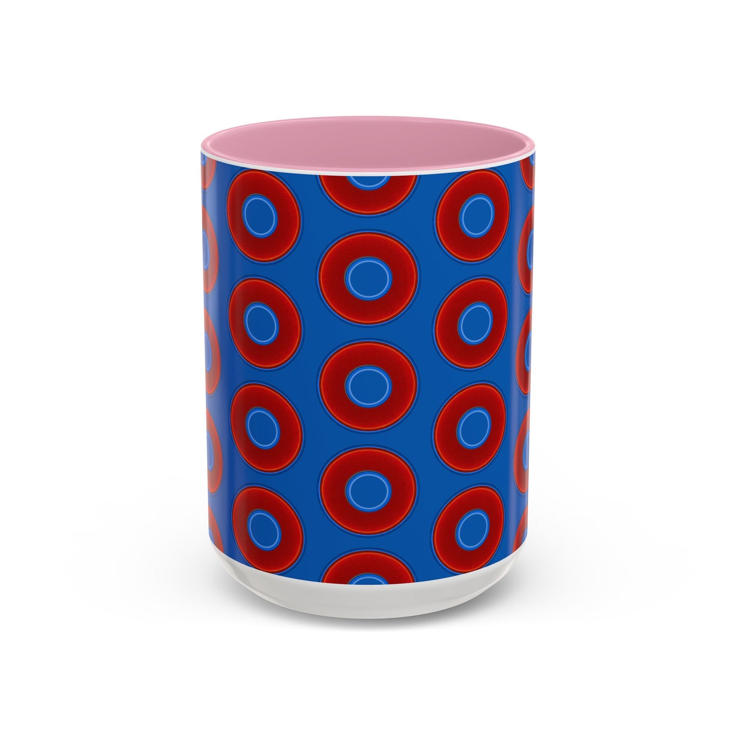 Lump's Grumpy Coffee Mug - vivid red donuts w/dark royal blue background
