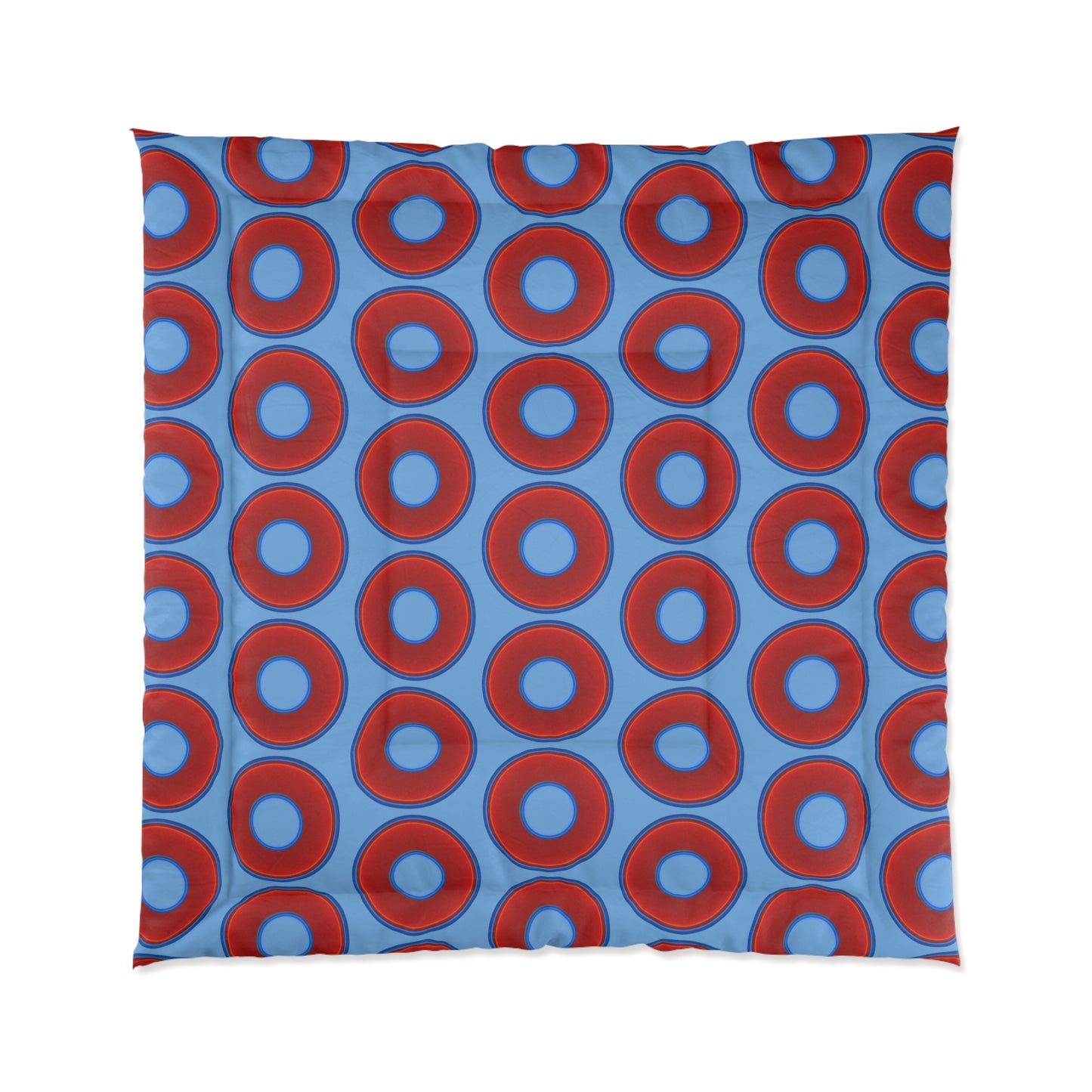 The Very Lumpy Comforter - vivid red donuts w/light blue background
