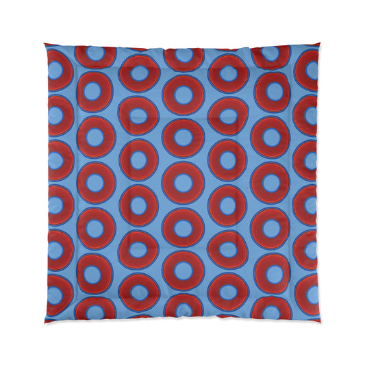 The Very Lumpy Comforter - vivid red donuts w/light blue background