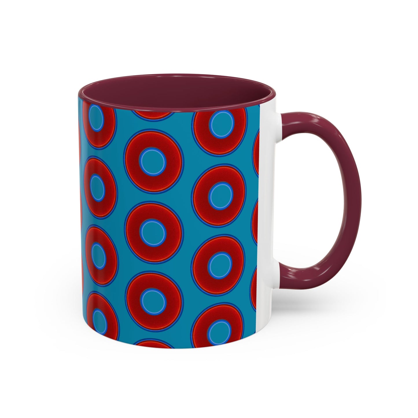 Lump's Grumpy Coffee Mug - vivid red donuts w/aquamarine blue background
