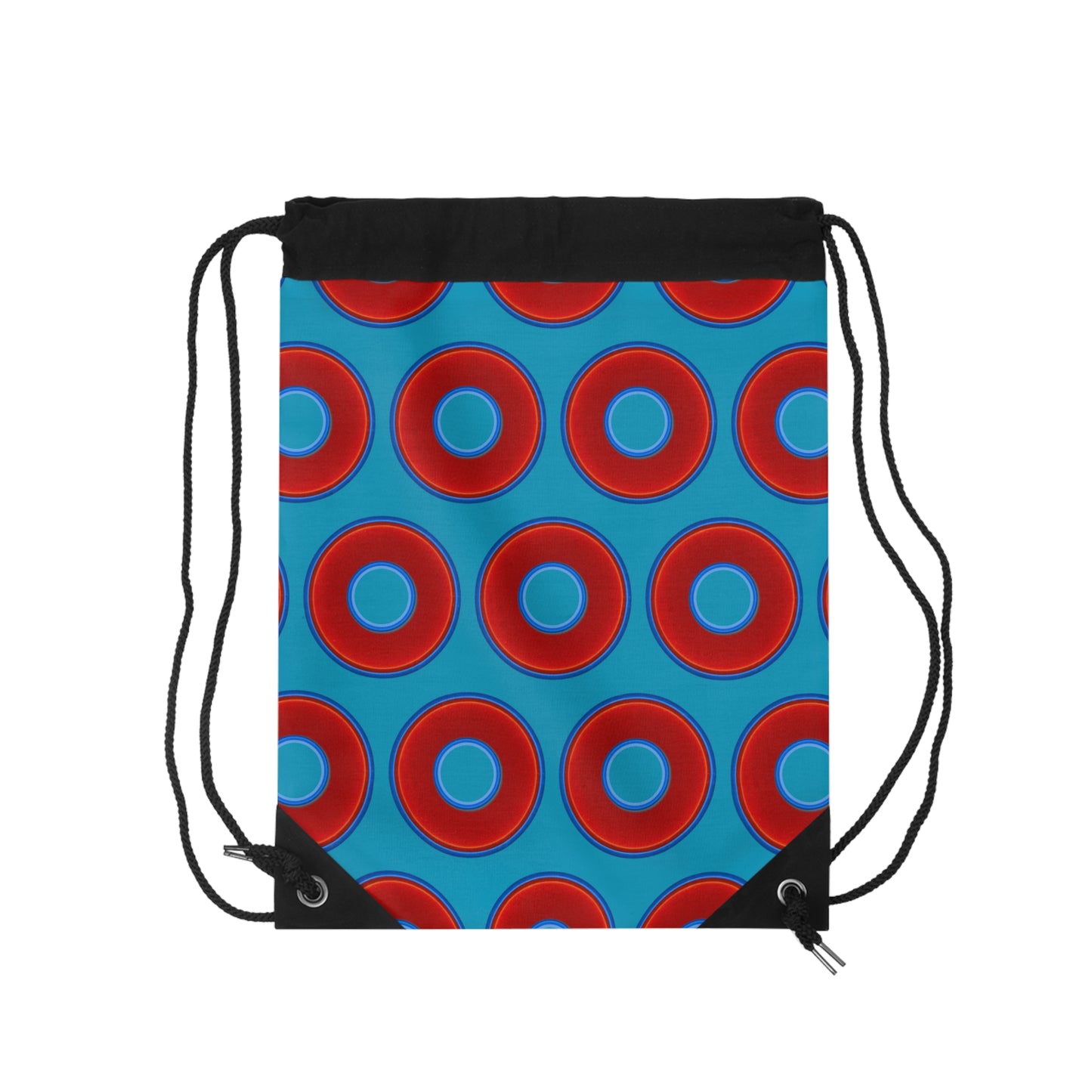 Lumpy Donut Drawstring Bag - red vivid donuts print w/aquamarine blue background