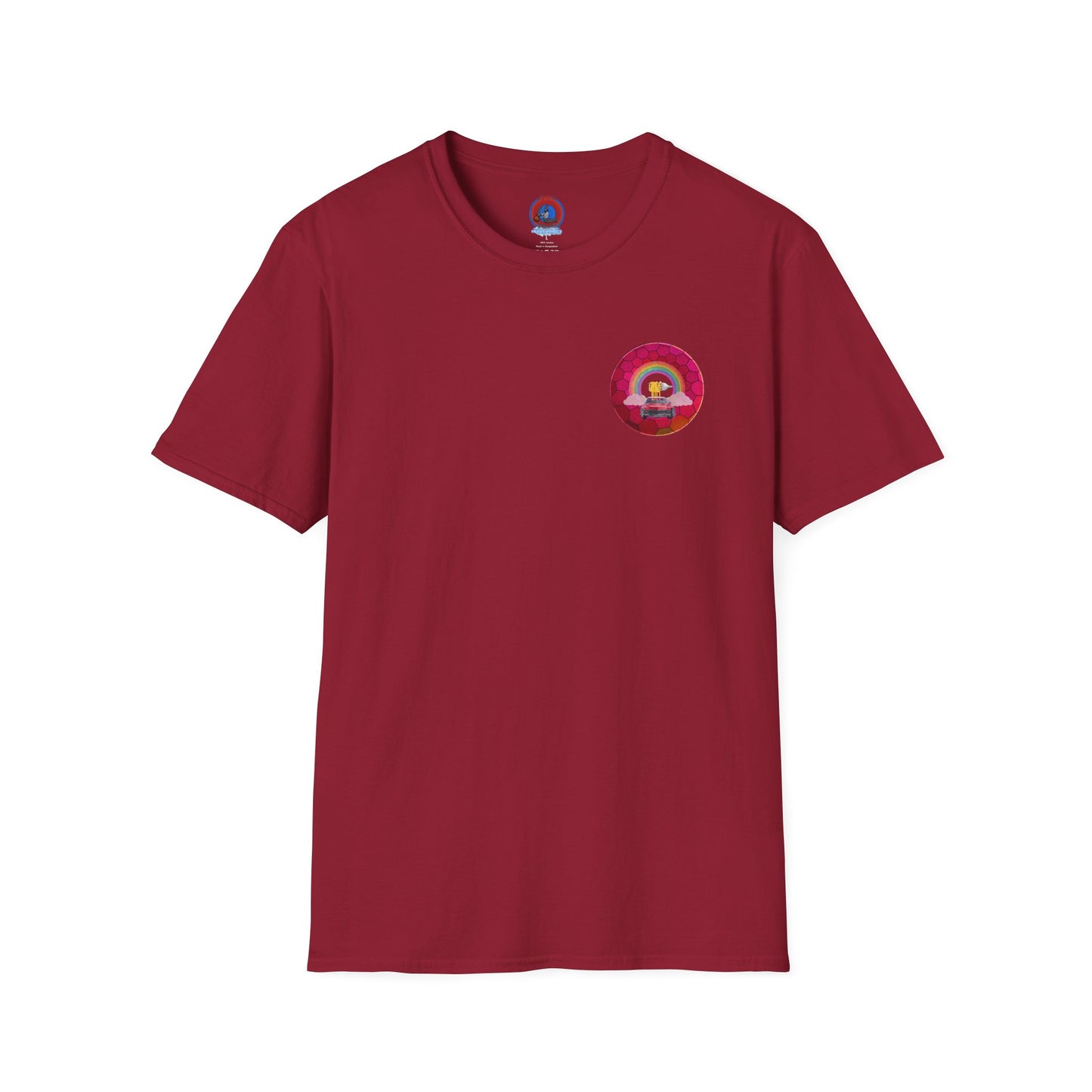 Classic Donut Tee - Unisex Soft-Style - "Cadillac Rainbows Donut Tee" - variant 1 - magenta hexadonut w/red caddy