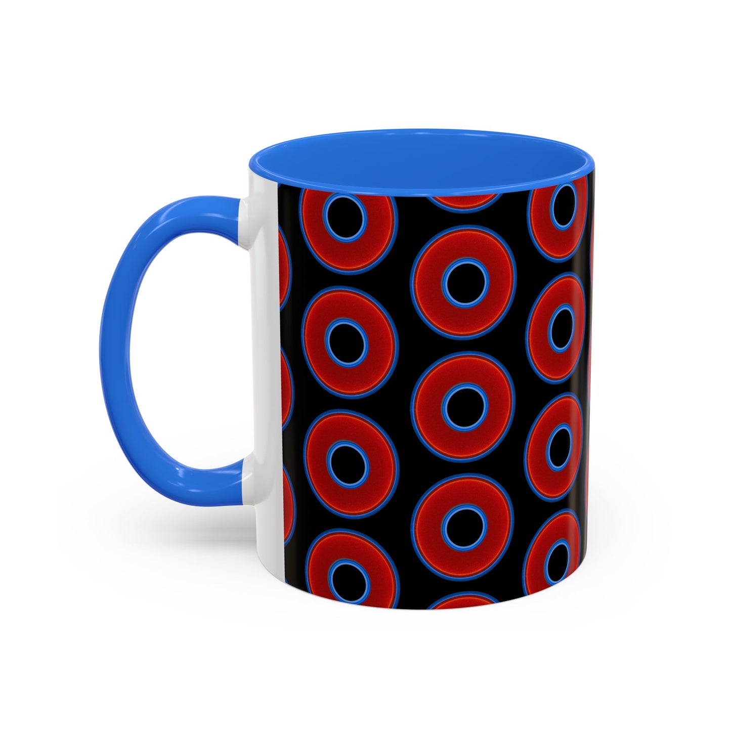 Lump's Grumpy Coffee Mug - vivid red donuts w/black background