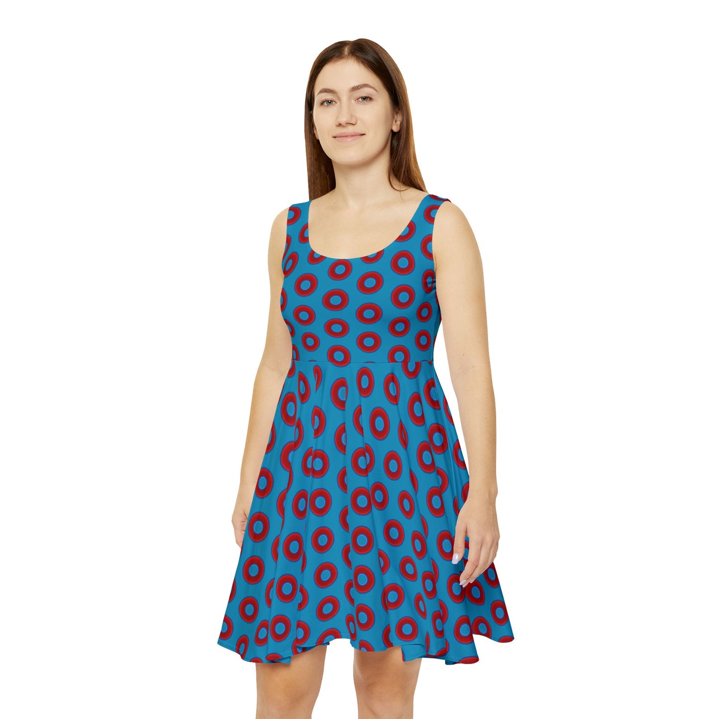 Women's Skater Donut Dress - vivid red donut print w/aquamarine blue background