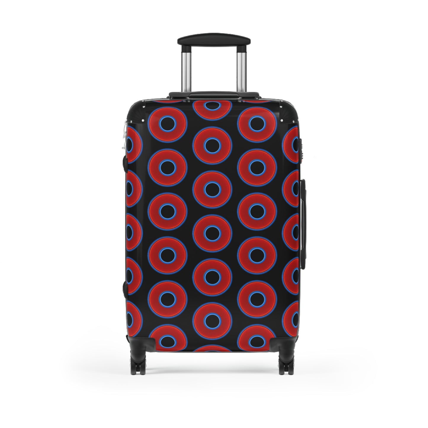 The Very Lumpy Donut Suitcase series - your choice of S, M or L - vivid red donut print w/black background