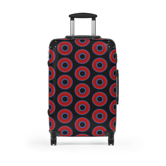 The Very Lumpy Donut Suitcase series - your choice of S, M or L - vivid red donut print w/black background