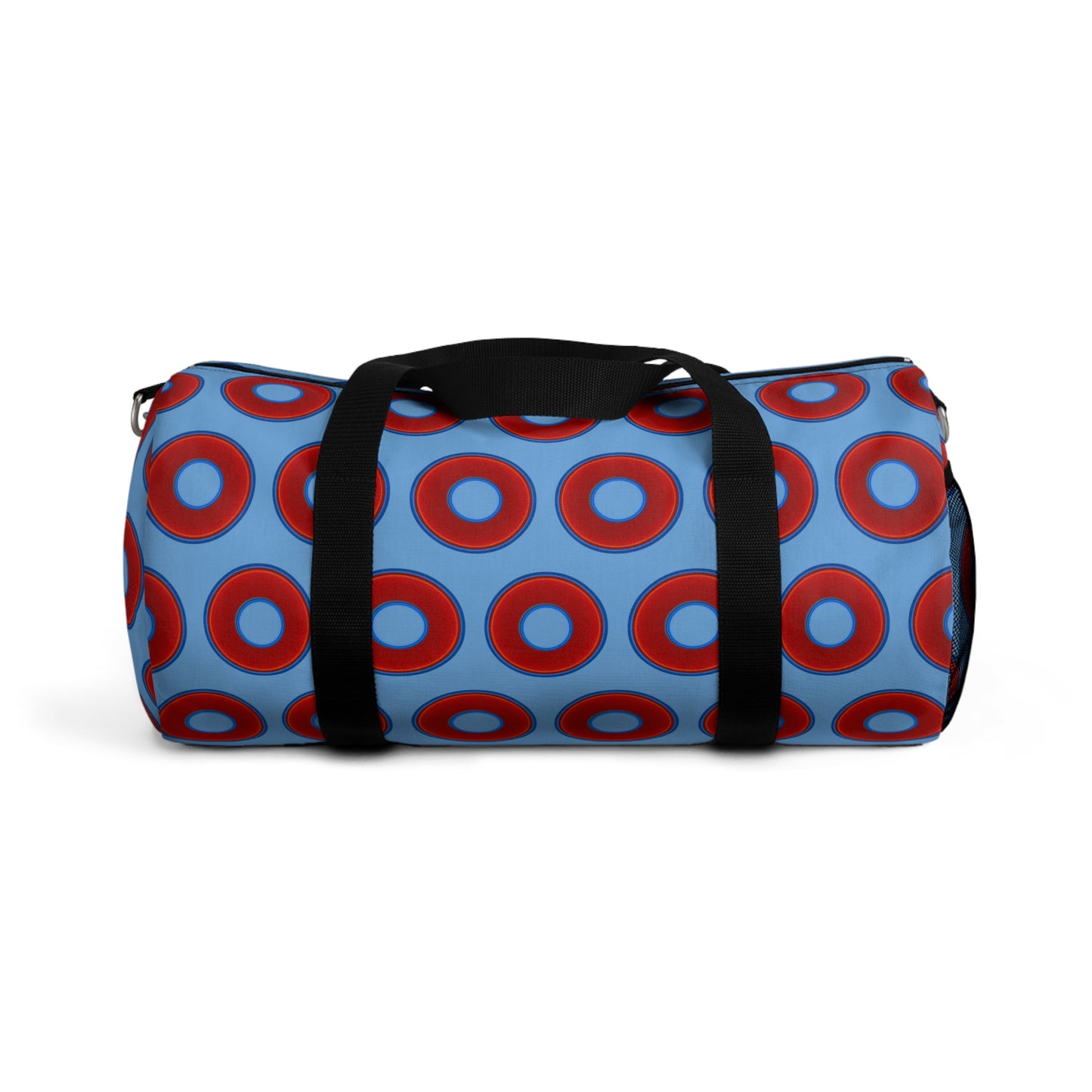 Lumpy Duffel - vivid red donuts w/light blue background