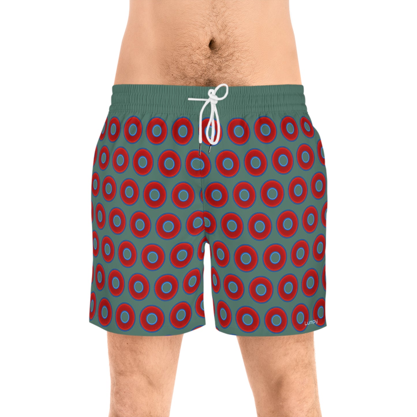 Men's Lumpy Swim Trunks - vivid red donut print w/Fenway green background