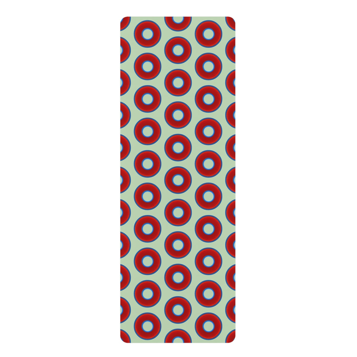 Lumpy Donut Yoga Mat :) - 24″ x 70" - vivid red donut print w/seafoam green background