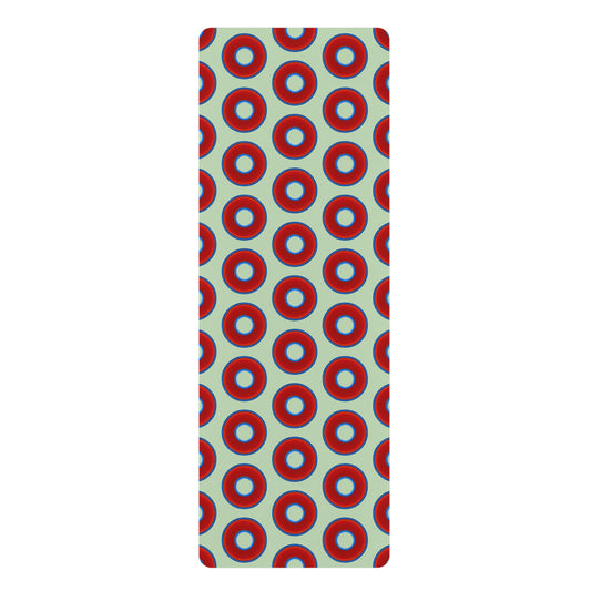 Lumpy Donut Yoga Mat :) - 24″ x 70" - vivid red donut print w/seafoam green background