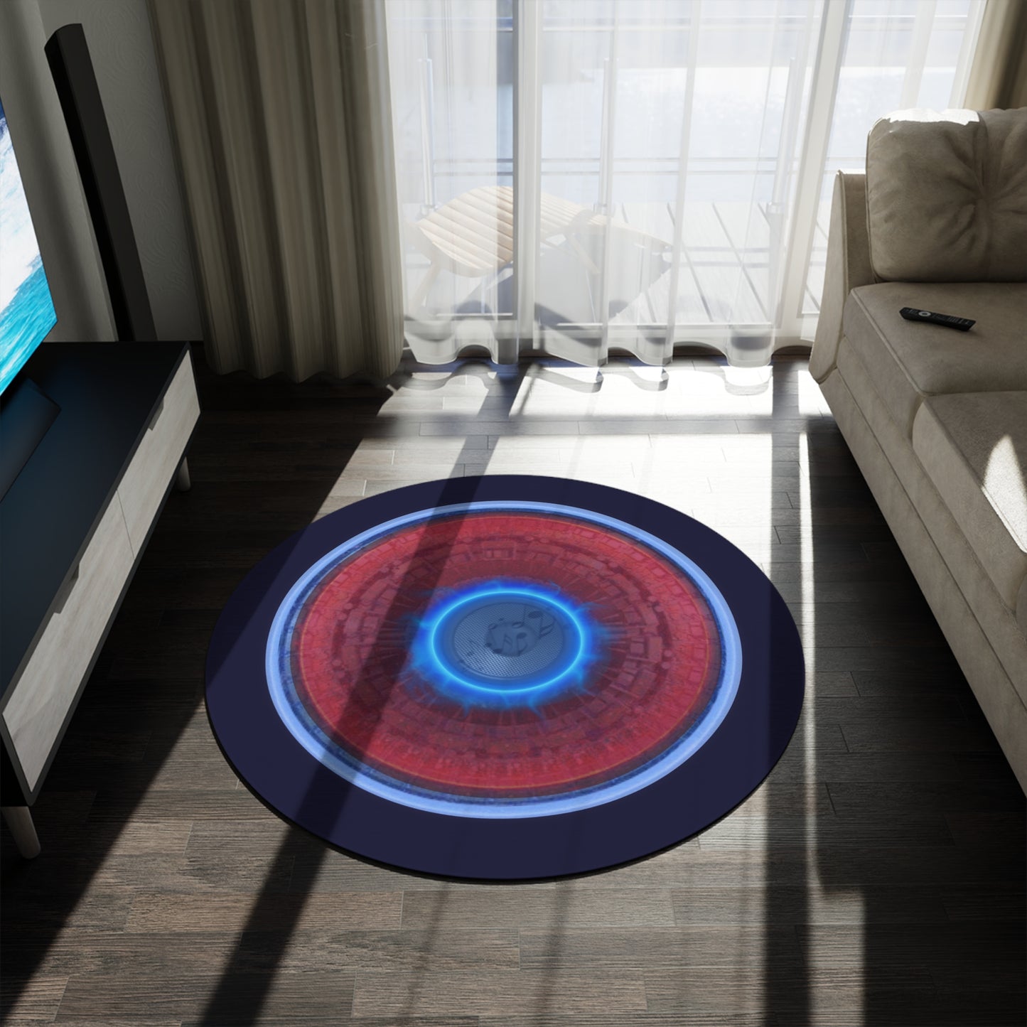 Round Room - 5 ft x 5 ft Lumpy Donut Rug - "Homer's The Perfect Donut Rug" - vivid red/blue tube donut w/midnight blue background - variant 1
