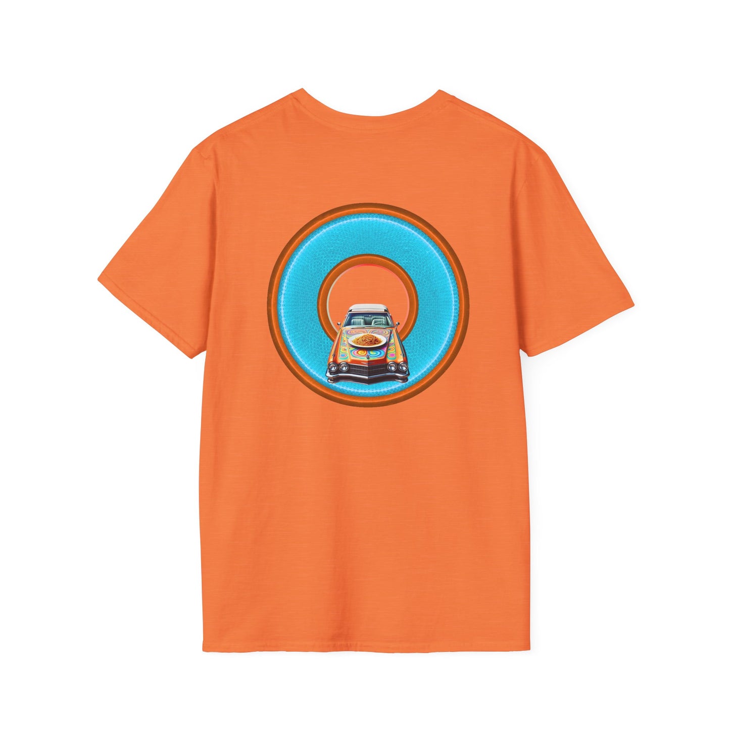 Classic Donut Tee - Unisex Soft-Style - "Cadillac Rainbow Spaghetti Incident" - series 1.0  - variant 2 - blue/orange donut