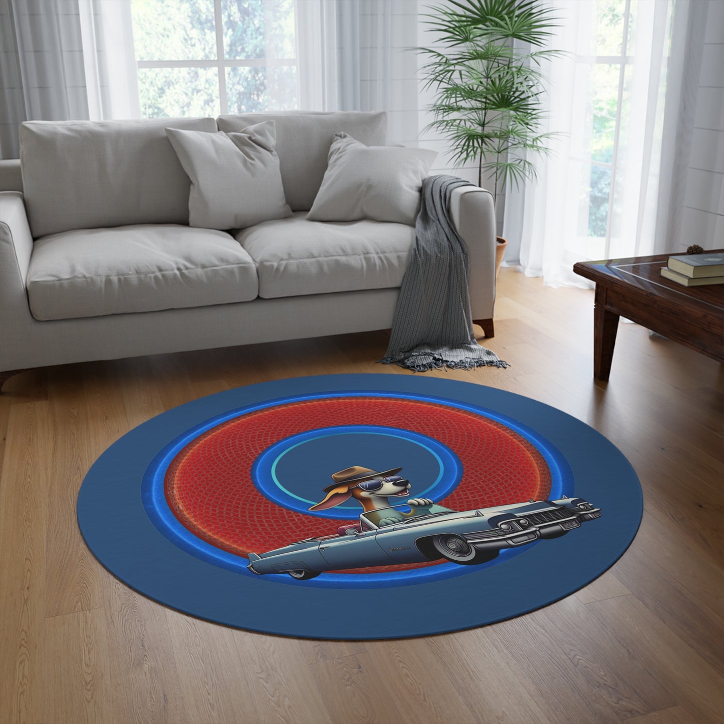 Round Room - 5 ft x 5 ft Lumpy Donut Rug - "Jimmy's Runaway Donut Rug" - rustic red/blue donut w/light navy background - variant 1