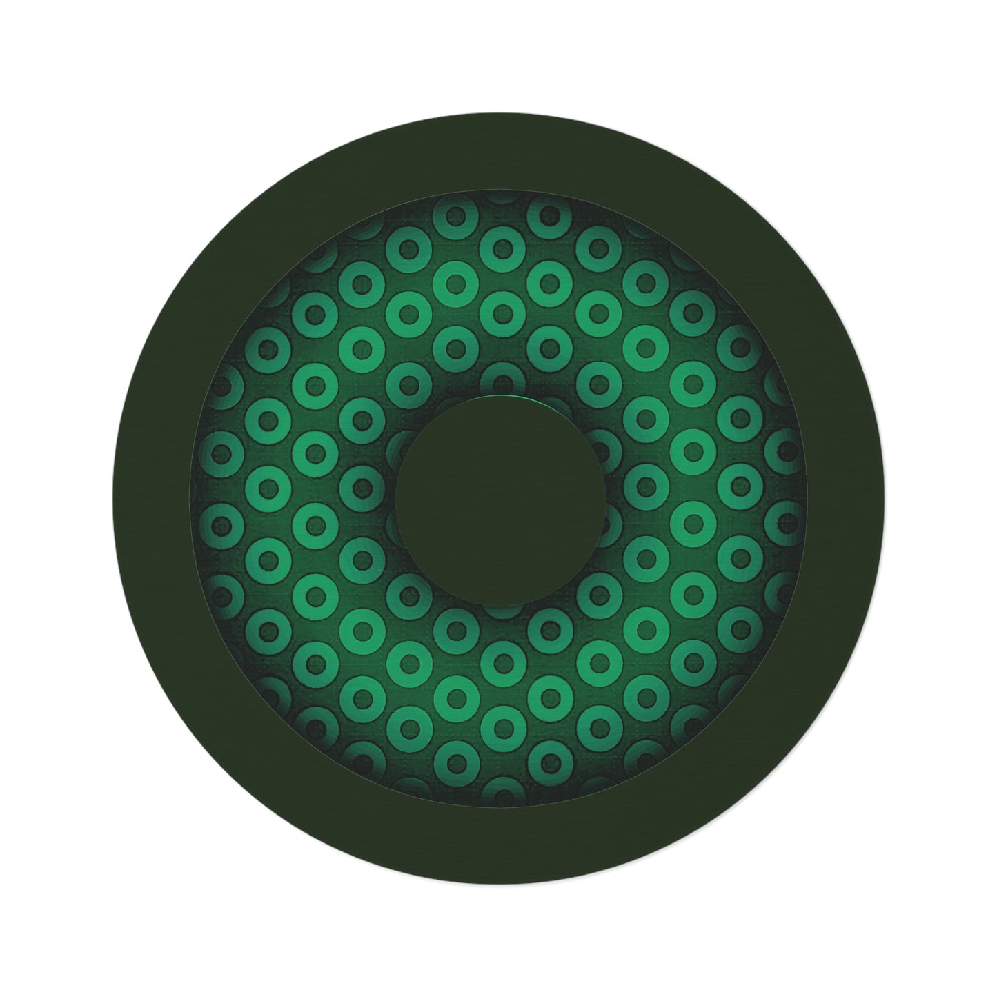 Round Room - 5 ft x 5 ft Lumpy Donut Rug - "Plain Paradox" - green/light green paradoxical donut w/hole & deep forest green background