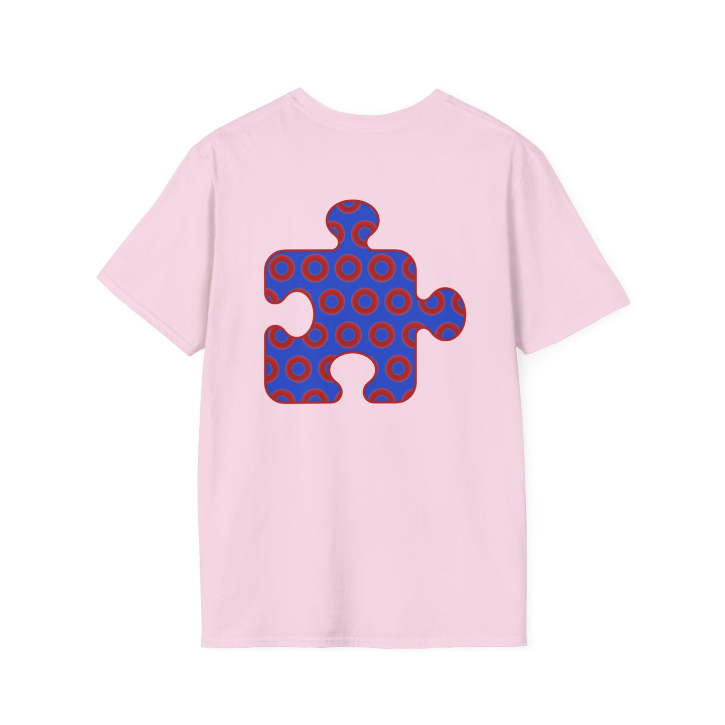Classic Donut Tee - Unisex Soft-Style - "Trey's Completed Donut Pattern" - vivid red/blue puzzle pattern - variant 2